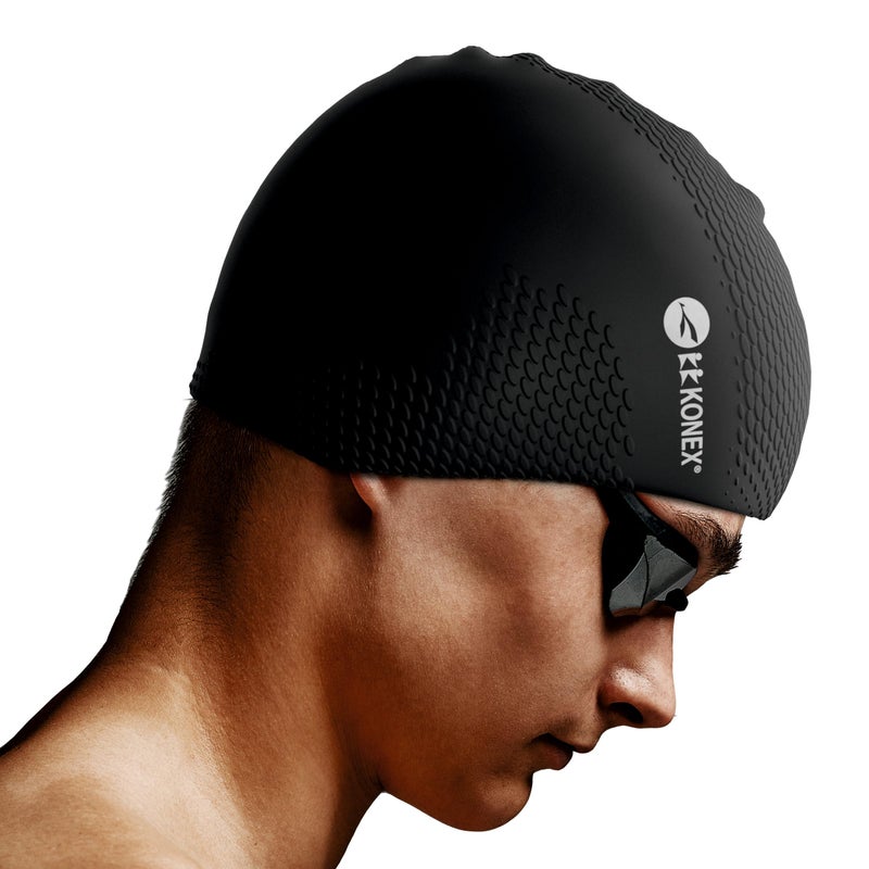KONEX Bubble Designed Waterproof Silicone Premium Swimming Cap for Men & Women | Stretchable & Quick-Dry | Prevents Hair Pull & Chemical Damage | Ideal for Children & Adults (Black) - Image 1